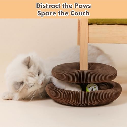 Magic Organ Cat Scratcher Toy with 2 Bell Balls - Interactive Transformable Cat Scratching Board, Foldable Corrugated Cardboard Track Toy for Indoor Cats & Kittens