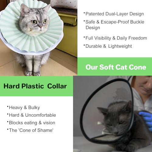 2 Pieces Soft Cat Cone Collar– Adjustable Lightweight Recovery E-Collar to Stop Licking, Scratching & Biting After Surgery, Comfortable Wound Healing Cone Alternative (Green, L)