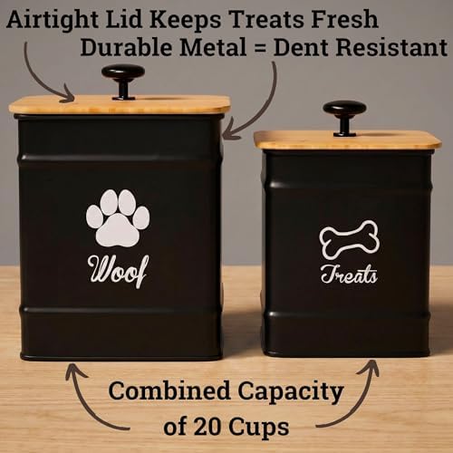 Dog Treat Container Airtight Set of 2 - 8x6 & 7x5 inch Iron Dog Treat Jars for Kitchen Counter with Airtight Bamboo Lids - 20 Cup Capacity Pet Treat Container Set - Doggie Cookie Jar - Treats Canister