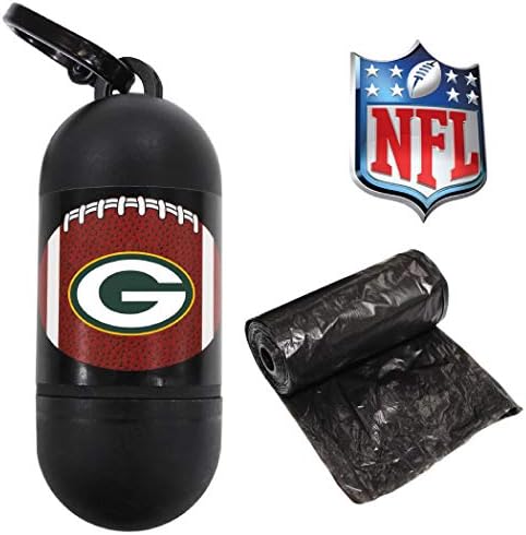 Pets First NFL GREEN BAY PACKERS PET LICENSED Poop Waste Bag Dispenser and D Ring for Leash with 15 Premium Garbage Bags