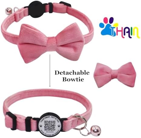 THAIN Personalized Cat Collar with Bell and Bowtie Breakaway QR Code Name Smart ID tag Quick Release Soft Comfortable Collar for Cats and Kittens (Pink)