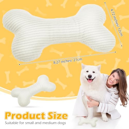 Poen 6 Pcs Bone Shaped Plush Squeaker Dog Toy Small Medium Dogs White