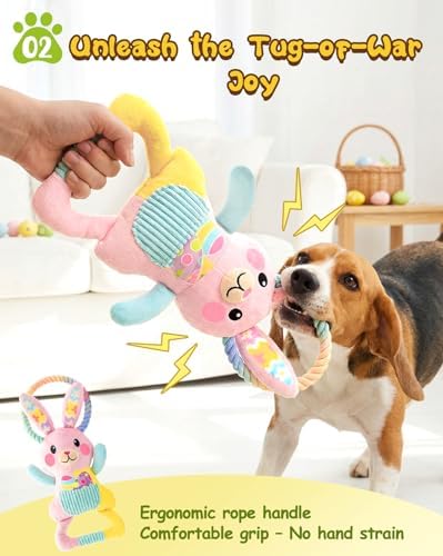 Swooflia Easter Tug of War Dog Toy - Squeaky Plush Dog Toy for Small Medium Dogs to Keep Busy, Interactive Crinkle Doggie Toy Cute Bunny with Soft Long Pull Handle (Not for Big & Aggressive Chewer)