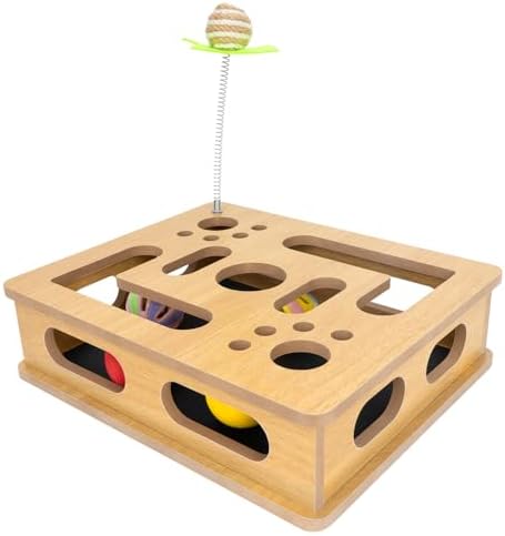 Cat Scratch Puzzle Enrichment Box,Clawcraft Wooden Cat Scratcher,No Assembly Required,Built-in Sandpaper Trims Your pet's Claws as They Play(Burlywood Color)