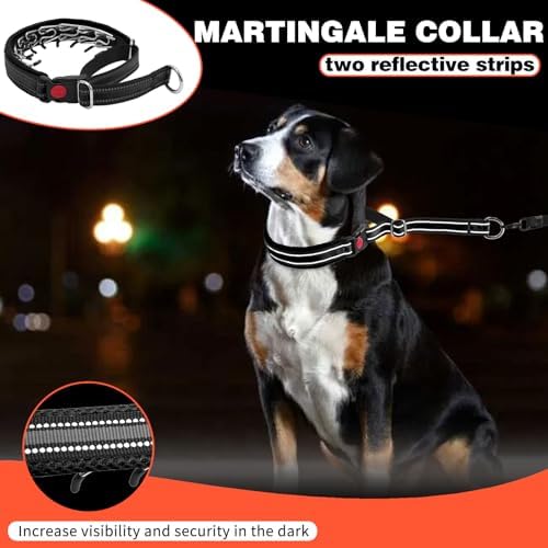 Martingale No Pull Dog Collar for Large Medium Small Dogs, Heavy Duty Nylon Adjustable Reflective Anti Pull Slip Collar with Buckle for Training Walking Hunting L Black