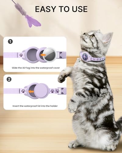 Airtag Cat Collar Breakaway, 2 Pack Cat Collar with Apple Airtag Holder | Reflective Waterproof Cat Collar with Bell, Easy Tracker with Airtag Collar, Adjustable 8-12In Lightweight & Comfortable