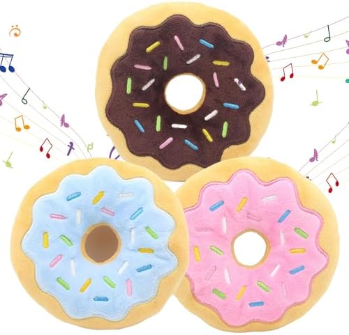 Donut Dog Toy, 6 Inch Bite Squeaker Sound Dog Donut Toys with Exquisite Embroidery, 3Pcs Interactive Soft Plush Toy for Small Medium and Large Dogs.