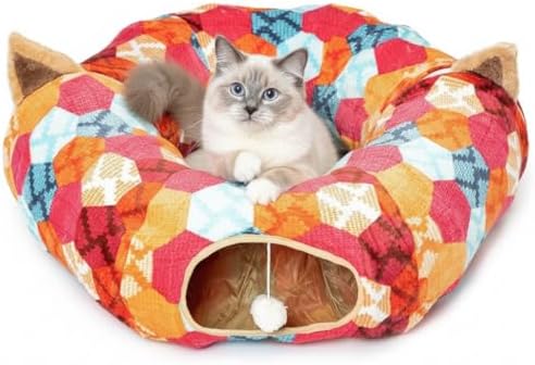 AUOON Cat Donut Tunnel with Bed for Kitten Puppy Rabbit Ferret, Orange