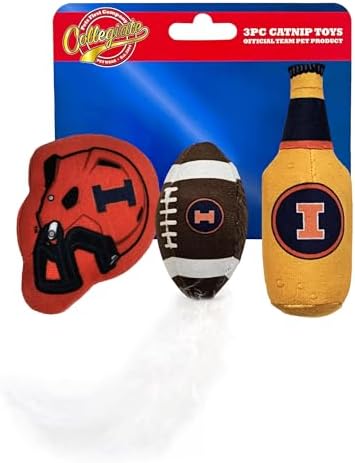 Pets First Best Plush CAT Toy NCAA Illinois Fighting Illini Complete Set of 3 Piece Cat Toys Filled with Fresh Catnip. Includes: 1 Helmet Cat Toy, 1 Football Cat Toy with Feathers & 1 Beer Bottle.