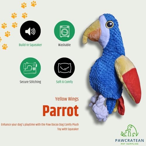 7" Squeaky Plush Toy for Puppies Small Dogs Self Etertainment Washable Soft Made [PET ONLY] (Yellow Wing Parrot)