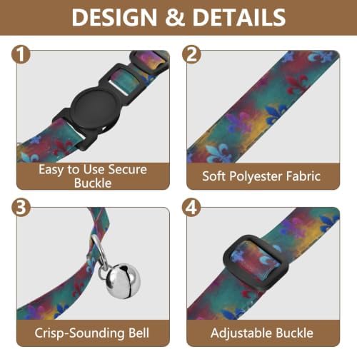 Colorful Fleur De Lis Wood Cat Bell Collar 2 Pack Kitten Collar Adjustable Length 10.6" to 17.1"
