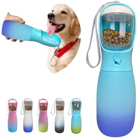 2-in-1 Dog Water Bottle Portable, Food Grade Travel Dog Bowls with Food Container, 19Oz Dog Water Bowl Dispenser, Hiking Essentials, Puppy Stuff Dogs Accessories Girl Boy (Blue)
