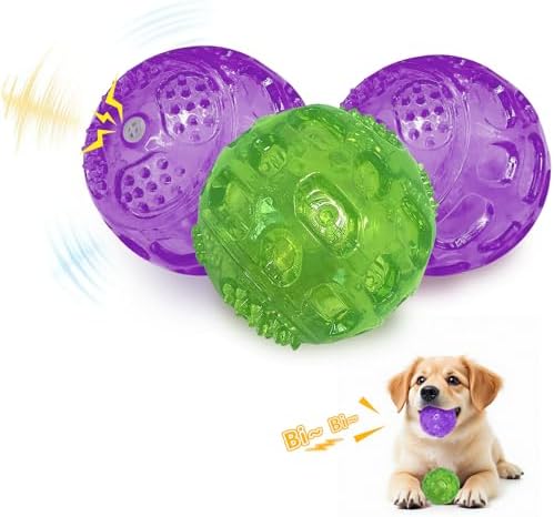 RICHIE Ultra Durable Squeaky Dog Balls 3 Inch for Large Medium Dogs, Tough Chew Toys for Aggressive Chewers, Floating Fetch Balls for Pool Play, Teeth Cleaning Dog Toys 3 Pack Purple + Purple + Green