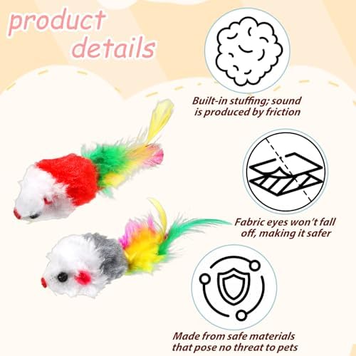 6 Pack Mouse Toys for Cats, Furry Rattle Interactive Mice Toys with Feather Tails Realistic Faux Fur Cat Mouse Toys for Indoor Cats & Kittens (6 Color)