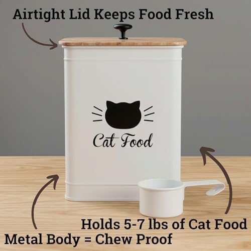 Metal Cat Food Container with Scoop 5-7 lb (25 Cup), w/ Airtight Bamboo Lid