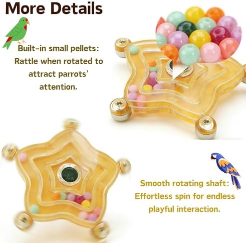 Spinning Bird-Toys Bird Cage Toys & Bird Perch Parrot-Parakeet Budgie Cockatiel Conure Macaw Chicken Parrot Enrichment Cage Accessories Small Animal Chewing Toy (Yellow Star)