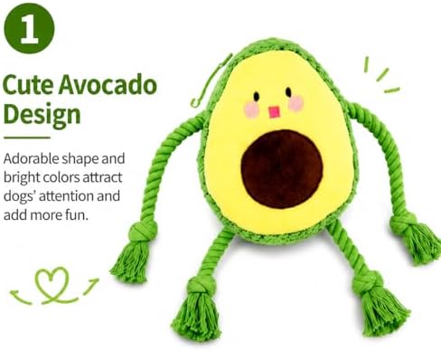 Avocado Squeaky Dog Toy with Rope Legs, Interactive Plush Dog Toy for Small Medium Large Dogs, Durable Tug and Chew Toy for Fetch, Boredom Relief, Mental Stimulation and Indoor Play