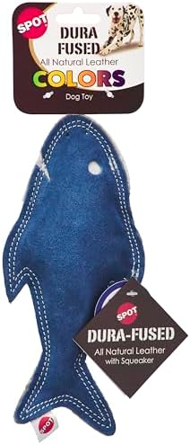 SPOT Dura-Fused Colors Fish - Colorful Leather Dog Toys with Squeaker, Made with Real Leather and Jute Fabric, Durable Stuffed Toy for Dogs and Puppies, 7in, Color and Style May Vary