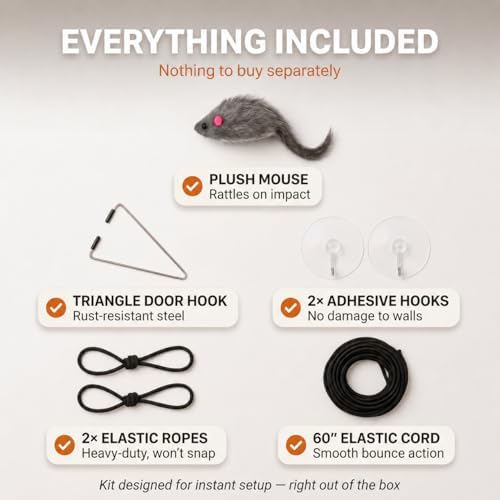 Hanging Door Cat Toy – Self-Play Feather Mouse for Indoor Cats – No Batteries Needed, Mounts on Any Door Frame – Stimulates Hunting Instinct, Extended Pack