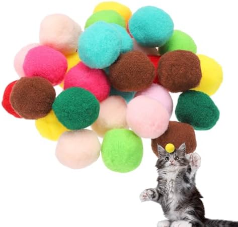 Cat Toy Pom Ball, Interactive Cat Ball Toys Fuzzy Pompoms (Plush, 1.2Inch, 30Pcs, Mixed Colors) for Kittens Pet Enrichment Training Play Indoor