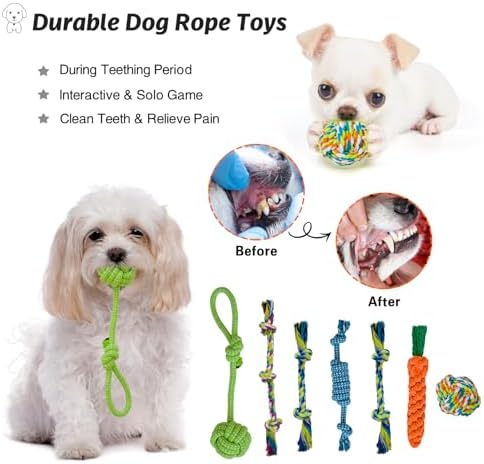 MRSOHRET 20Pcs Puppy Chew Toys for Teething, Dog Chew Toys with Rope Toys, Pet Dog Toothbrush, Treat Balls, Plush Toys and Squeaky Toy for Small Medium Dogs with Basket