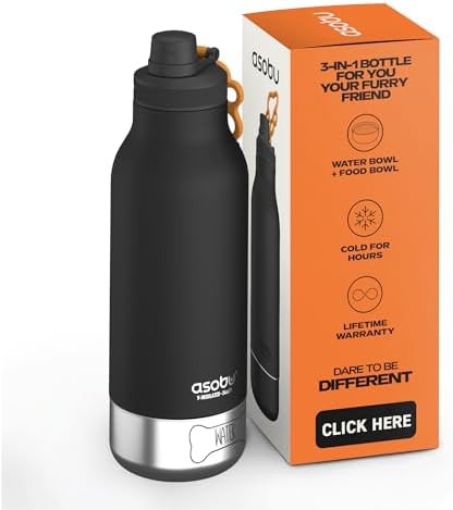 asobu Dog Barky Bottle – Insulated Stainless Steel Water Bottle with 2 Removable Dog Bowls for Food, Treats & Water – Pet-Friendly Travel Bottle for Hiking, Road Trips & Outdoor Adventures