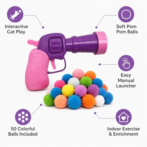 Cat Fetch Toy Launcher with 50 Colorful Pom Pom Balls, Cat Balls Fetch Toy Interactive Manual Thrower for Cats, Funny Cat Toy Gun for Bored Indoor, Pink and Purple (13 cm)