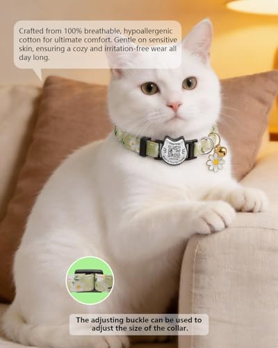 QR Code Cat Collar with Breakaway Safety Buckle, Adjustable Cotton Kitten Collar with Bell, Online Pet Profile Scan ID Tag for Lost Cats,Flower Pendant(Green)