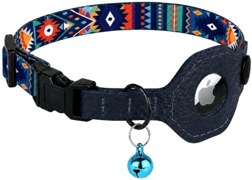 Breakaway Cat Collar with Leather AirTag Holder & Bell - Apple Air Tag Cat Collars for Girls & Boys, Lightweight Anti-Lost GPS Tracker Design, Printed Pattern - Safety and Adjustable (Navajo)