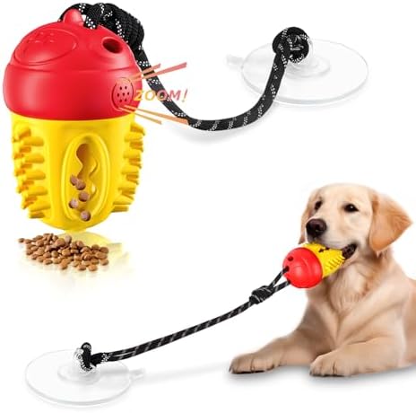 Interactive Dog Puzzle Toy,Cognitive Dogs Toy to Stimulate Their Brain, Treat Dispensing Toys with Slow Feeder, Suction Cup Toys,Red Yellow