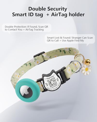 Cute Floral Breakaway Cat Collar with QR Code ID, Lightweight Cotton Safety Collar with Bell & AirTag Holder for Kittens and Cats,Pastoral Style with airtag Holder(Green)