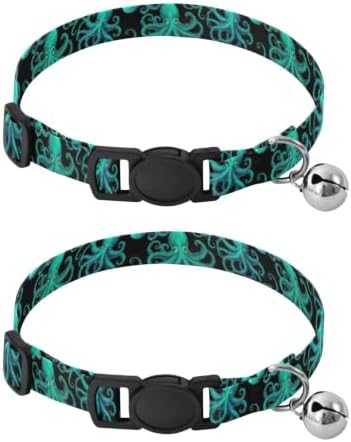 Blue Green Octopuses Black Cats Collar 2 Pack Collars for Puppies Adjustable 10.6 to 17.1 Inches