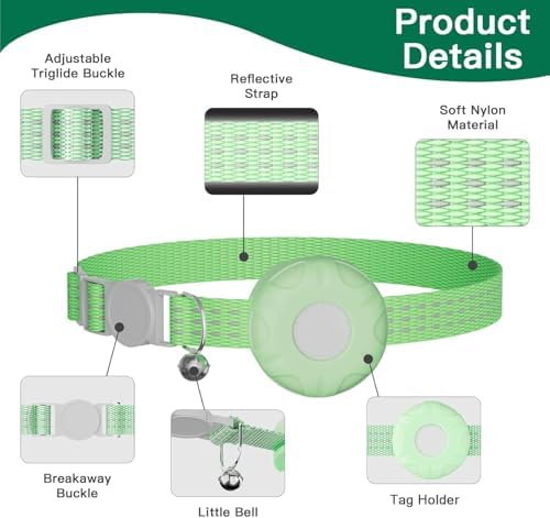 Cat Tracker No Monthly Fee,GPS Trackers for Cats Work with Apple Find My App(iOS Only),Cat Tracker GPS LightGreen Collar with Safety Elastic Buckle