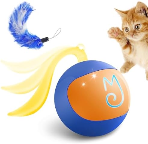 Migipaws 2-in-1 Interactive Cat Toy Ball – Paw Friendly Kicking Chasing Ball with Bonus Fluffy Tail for Indoor Cats Random Rolling Auto Escape Corners Tangle-Free Quiet USB Rechargeable (Blue)