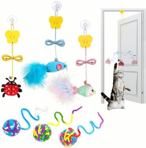 Door Hanging Cat Toy Set, Interactive Self-Play Cat Teaser with Retractable Elastic String, Hanging Door Cat Toys for Indoor Cats Kitten, Boredom Relief (6 Pack)