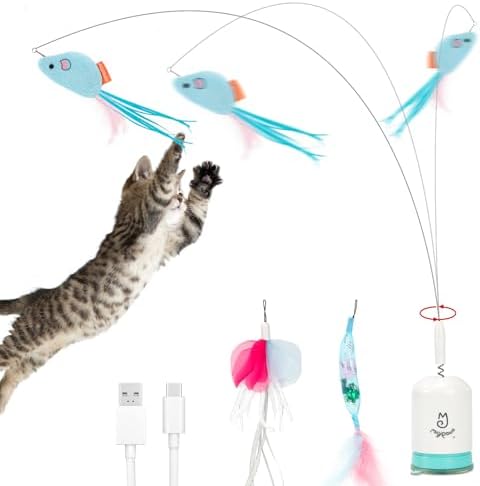 Migipaws Interactive Automatic Cat Teaser Wand Toy with Strong Suction Cup, 70cm Flexible Wire & DIY Bending Design, Rechargeable Cat Exercise Toy with Auto Timer for Indoor Cats (White)