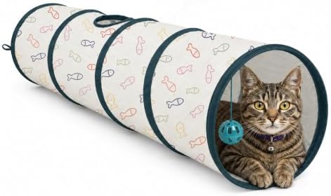 ASPCA Cat Tunnel with Rattle Toy – Interactive Collapsible Cat Tunnel for Indoor Cats, Crinkle Play Tunnel with Hanging Rattle Toy, Encourages Hiding, Chasing, Pouncing & Active Play, Fish Printed