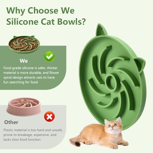 2Pcs Silicone Slow Feeder Cat Bowl,Puzzle Feeder,Interactive Toys,Slow Feeding cat Bowl Suitable for All Dry and Wet Foods,Easy to Clean Silicone Bowls(Blue and Green)