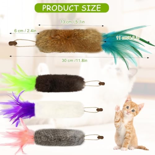 4 Pack Rabbit Fur Cat Toys with Feathers, Durable Interactive Chew and Kicker Toys for Indoor Cats and Kittens, Carrot Cat Toys with Galls Fruit for Teeth-Cleaning Relieves Boredom