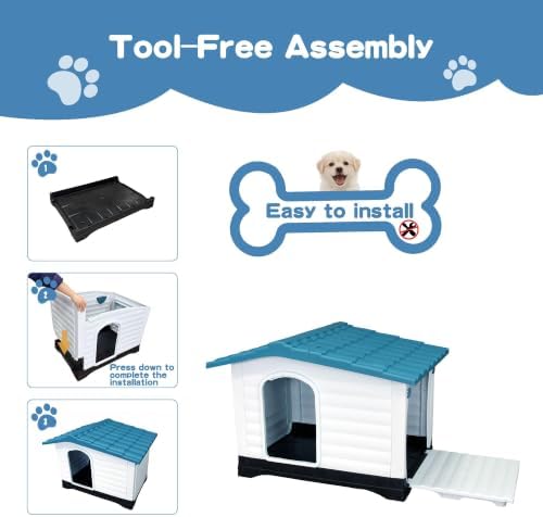 2-Door Small Dog House with Fold-Out Porch and Elevated Base, Blue