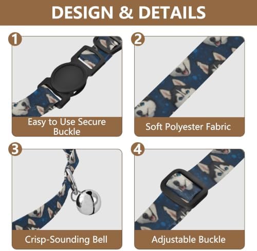 Cartoon Dog Heads Dark Blue Decorative Pet Collar with Bell 2 Pack Pet Collars Adjustable 10.6 to 17.1 Inches