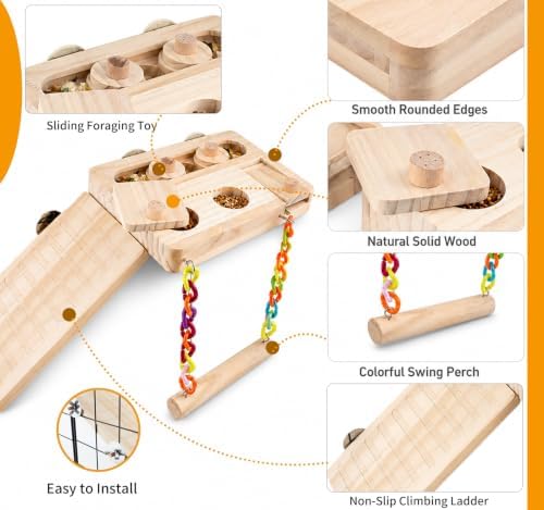 FlidRunest Wooden Bird Foraging Puzzle Platform Swing with Climbing Ladder for Parrots, Parakeet, Cockatiel, Sun Conures - Birds Interactive Mental Enrichment Toy, Bird Seed Slow Feeder Toy for Cage