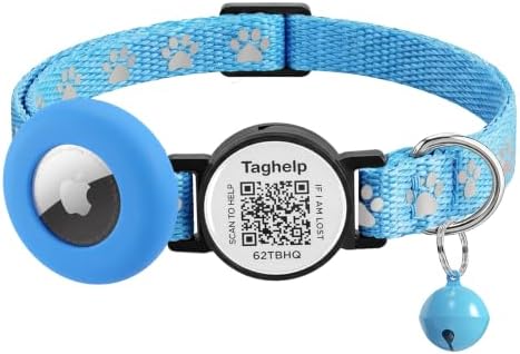 QR Code & AirTag Reflective Breakaway Cat Collar with Bell – Smart Scan Pet ID Tag & Apple AirTag Holder, 0.4" Width Lightweight Safety Kitten Collar for Girl Boy Cats (Reflective Strip-Blue)
