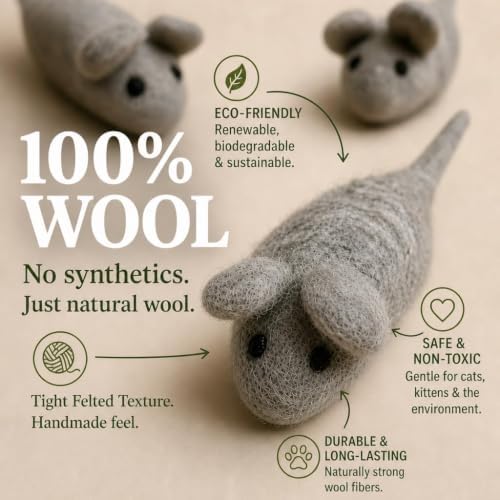 Cat Mouse Toy - 3 Felted Wool Mouse Toys Without Catnip for Indoor Cats and Kittens - Large Handmade Mice