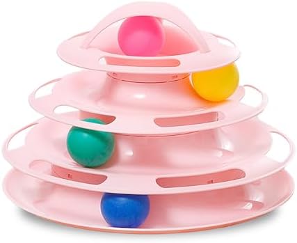 Vila 4-Tier Cat Tower, Multi-Level Interactive Track, Kitten Toy for Indoor Felines Self-Engage with 4 Chase Multicolored Balls, Pink, 1 Set Per Pack