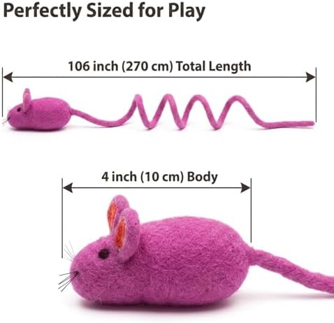 Glaciart One Felt Mouse Cat Toy – Soft Fuzzy Enrichment 100% Natural Wool - Interactive Catnip Play Cat Toy Set - Safe for Pets, Non-AZO Colored Dyes - 100” Long
