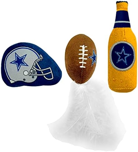 Best Plush CAT Toy - NFL Dallas Cowboys Complete Set of 3 piece Cat Toys Filled with Fresh Catnip. Includes: 1 Helmet Cat Toy, 1 Football Cat Toy with Feathers & 1 Beer Bottle. Beautiful Team Logos