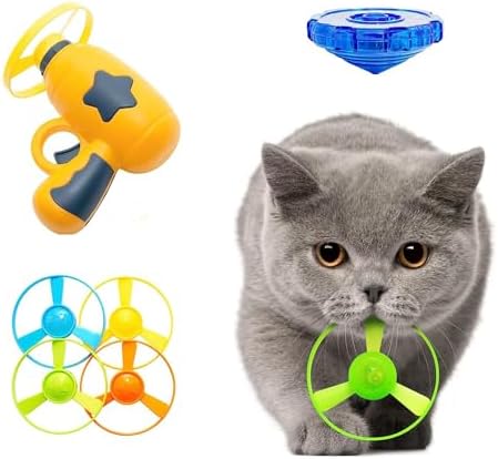 Flying Cat Toy for Indoor Kitten, Interactive Cat Fetch Toy with 1 Light Up Spinning Tops, and 5 Propellers, Flying dis Toy for Training Chasing