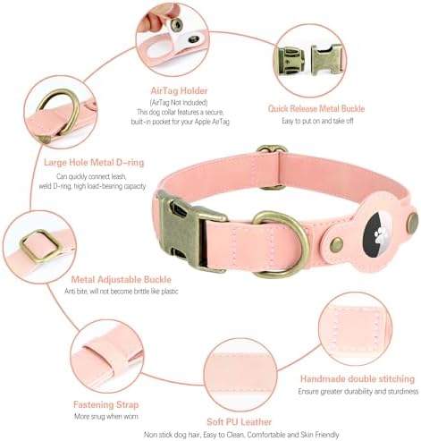 Airtag Dog Collar,PU Leather Collar with Airtag Holder for Small Dogs(Pink)