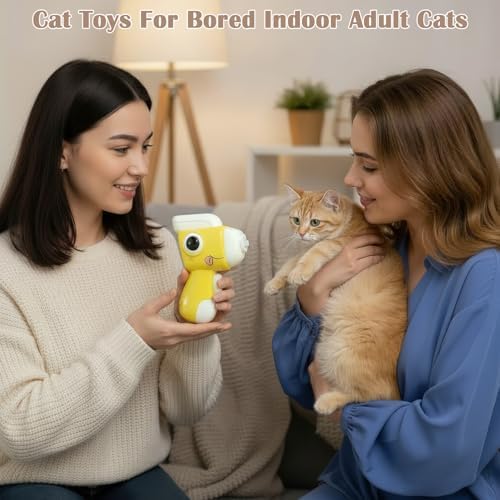 Interactive Cat Toy for Indoor Cats - Cat Fetch Toy Launcher with 8 Colorful Flying Discs, One-Press Exercise Toy for Chasing & Hunting, Fun Kitten Toy for Adult Cats, Yellow